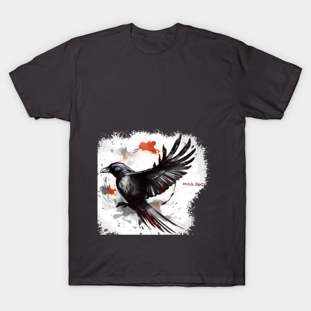 Flying Watercolor Crow T-Shirt by Amour Grki